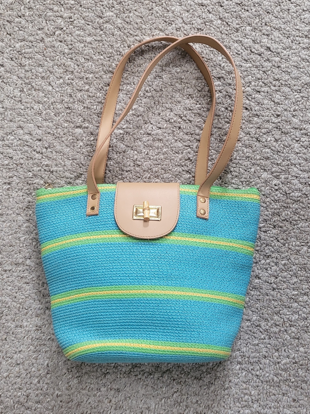 Women's Teal and Yellow Woven Tote Bag with Tan Trim